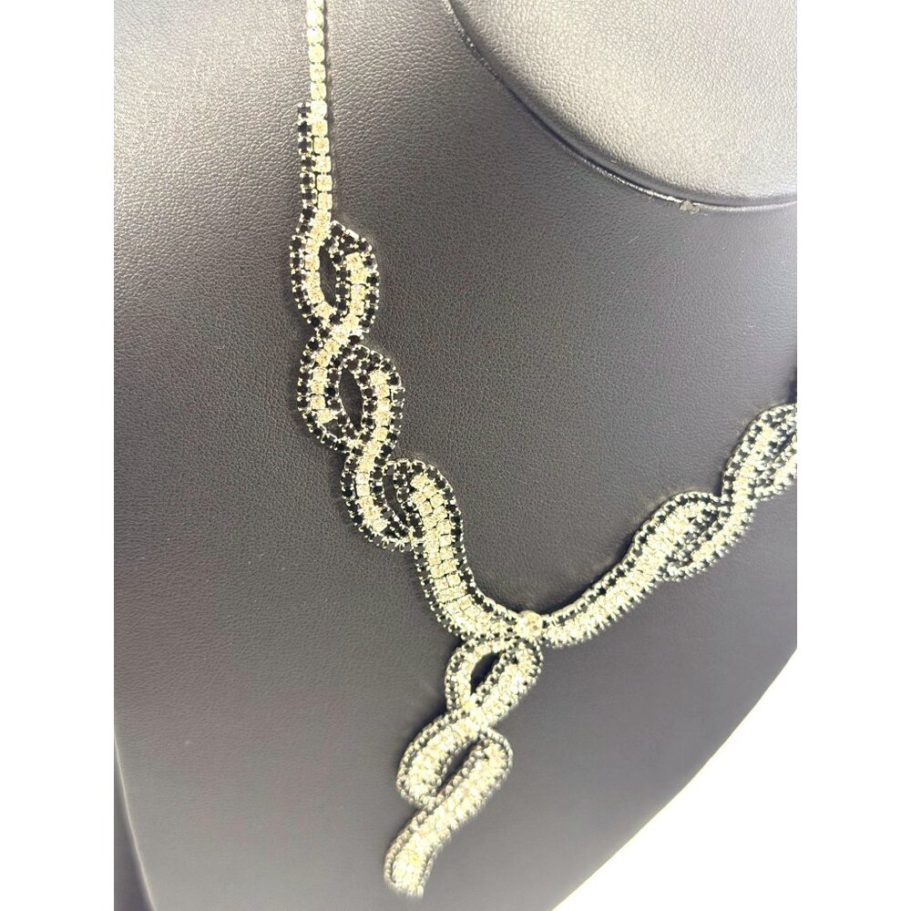 Vintage Bright Shiny Black Clear Rhinestone Twist Statement Choker Bib Necklace - Picture 4 of 7